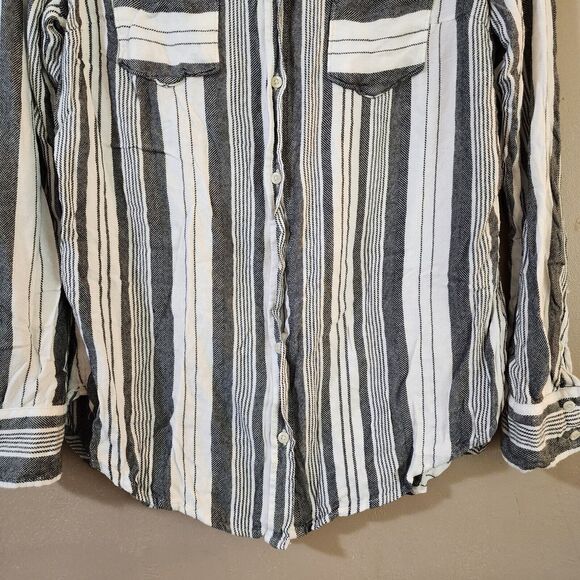 Merona Womens Knit Top Size M White Black Striped Long Sleeve Button Down - Picture 4 of 9